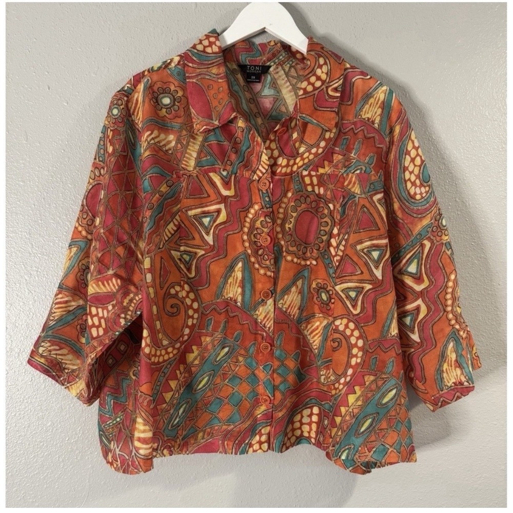 Toni Morgan 2X Abstract Art to Wear Blouse Lagenlook Boho Linen Rayon